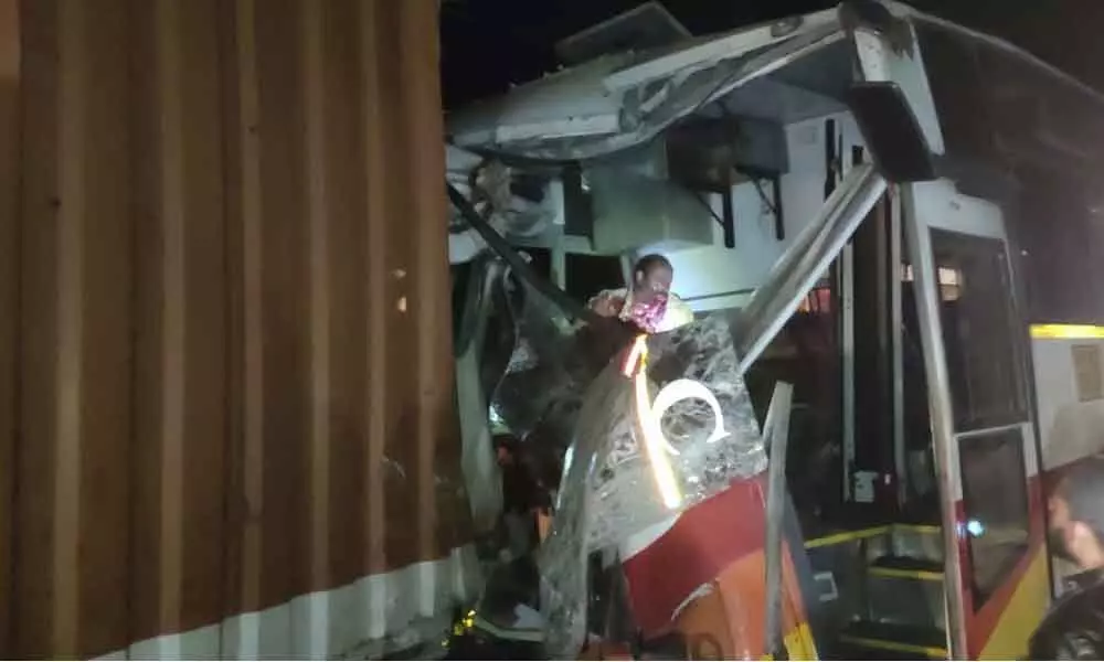 10 persons injured in head on collision between RTC bus and container lorry