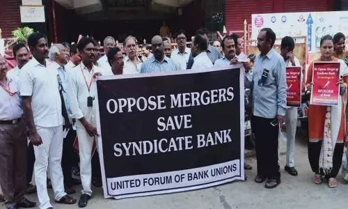 Syndicate Bank staff protest against merger in Vijayawada