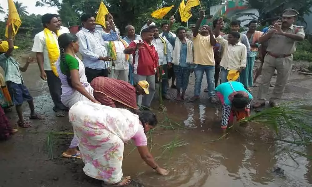 TDP, Left  protest potholes on road in Vizianagaram