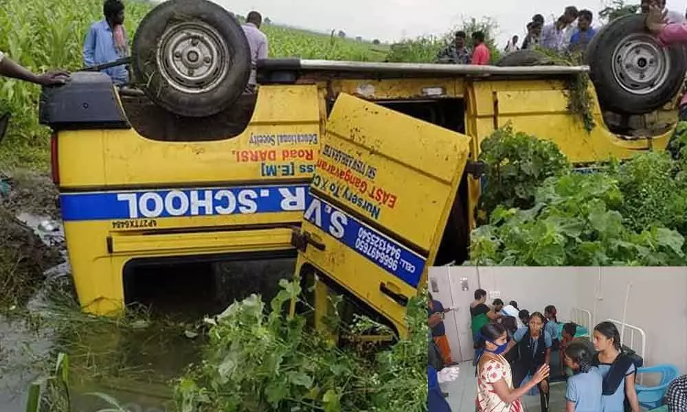 School Bus turned turtle, 12 students injured