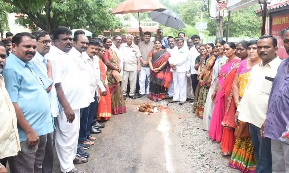 Mainampalli Hanumantha Rao inaugurates BT road works at Raghavendra Colony