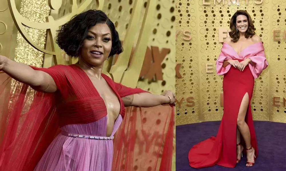 pink-and-red combination, Hollywood gold on the Emmys carpet