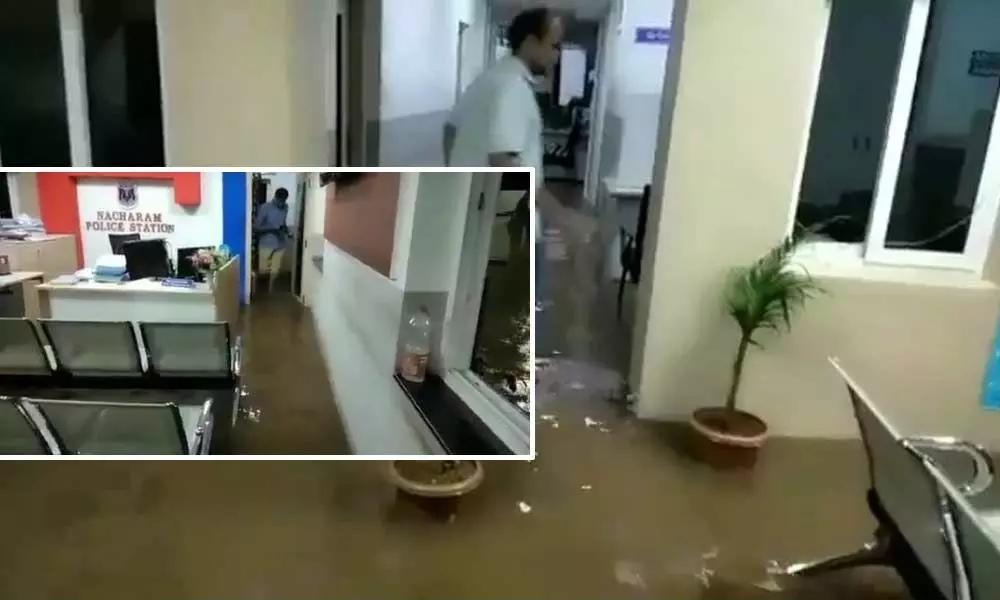 Nacharam police station inundated as rain water entered the station premises