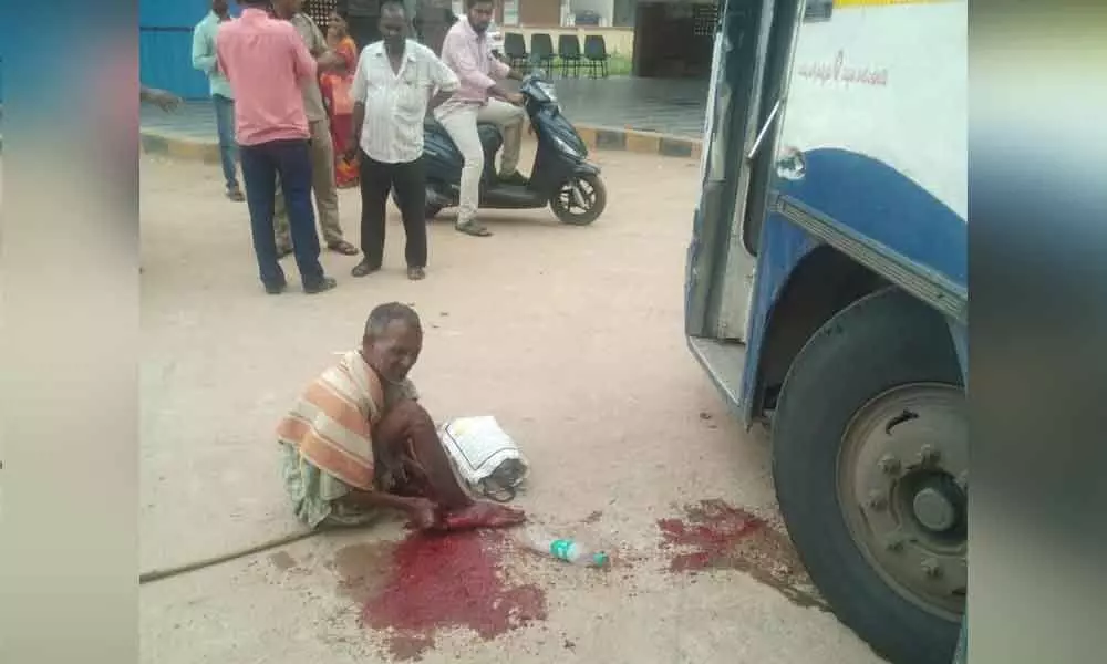 RTC bus hits senior citizen, injures him badly  in Nagarkurnool