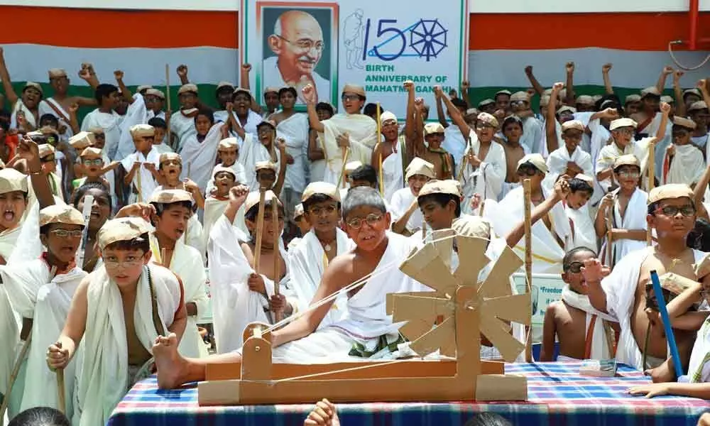 Mahatmas 150th birth anniversary School kids present a rare show in Tirupati