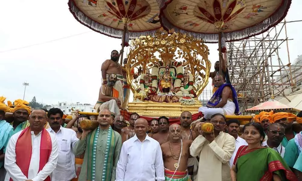Lord rides on Kalpavriksha Vahanam in Tirumala