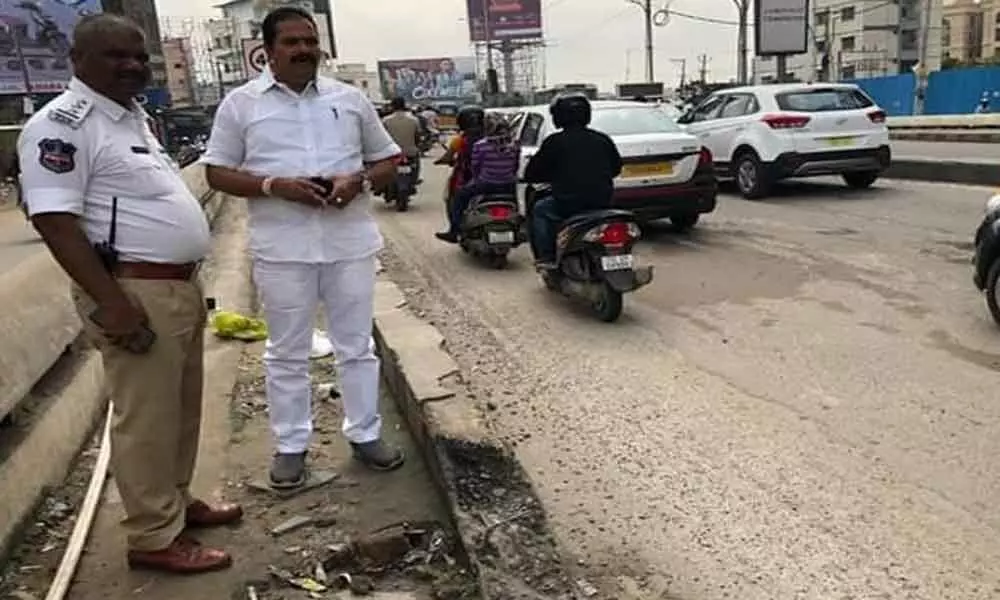 Corporator V Jagdishwar Goud inspecting roads at Hafeezpet