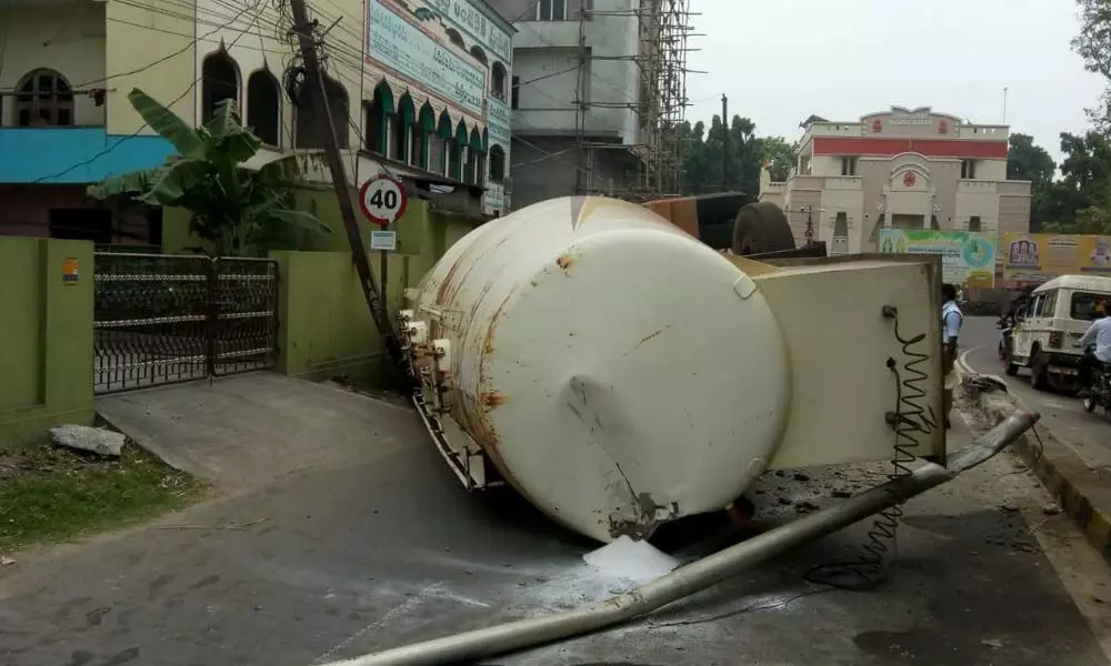 A Chemical Tanker Over turned At Collector Office in Vizianagaram: Traffic Obstructed