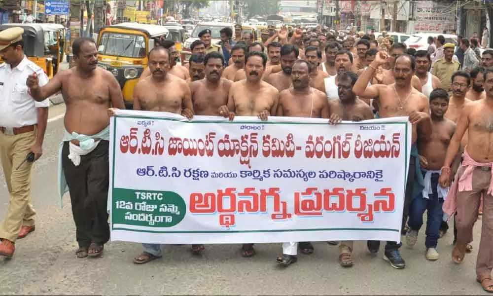Hyderabad: RTC staff take out half-naked protests