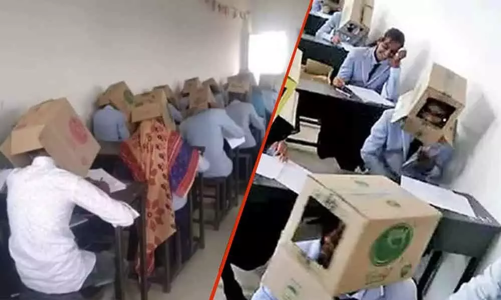 To curb malpractice, college students made to write exam wearing cardboard boxes in Karnataka