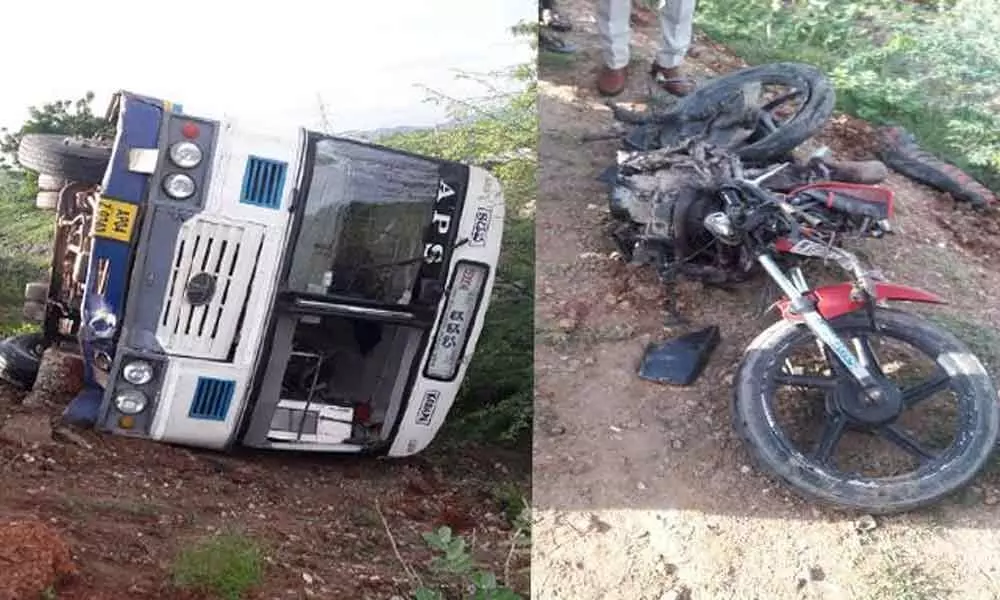 Two died, 26 injured as RTC bus hits bike in Prakasam district