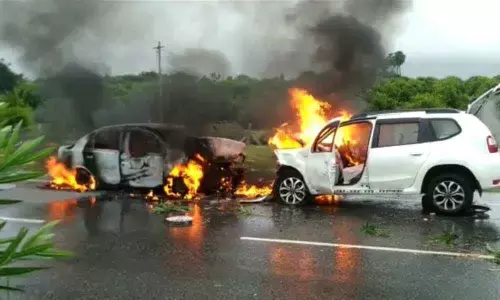 Two cars reduced to ashes after collision on National Highway 66 in Suryapet
