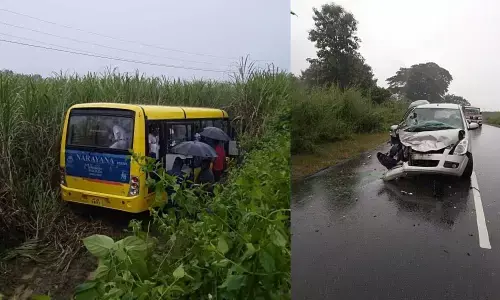 School bus hits a car, rushed into fields