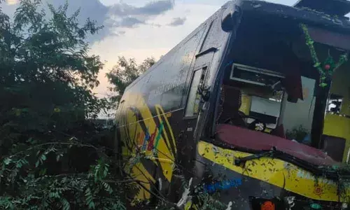 A major mishap averted when a bus turtles in Prakasam district