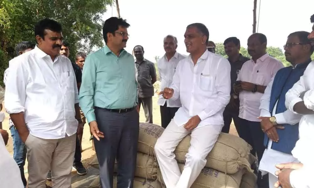 Harish inspects paddy purchases at Gongulur