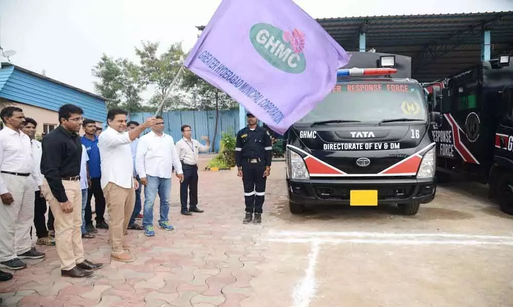 Disaster Response Force personnel get 8 new vehicles at GHMC parking yard