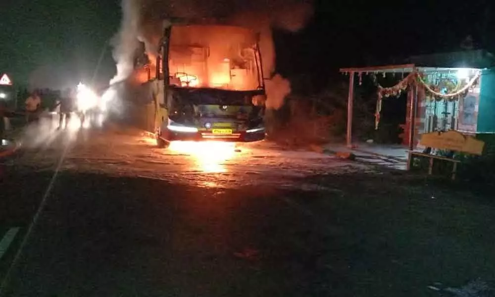 Passengers escaped unhurt as private travels bus engulfed in fire at Kanigiri