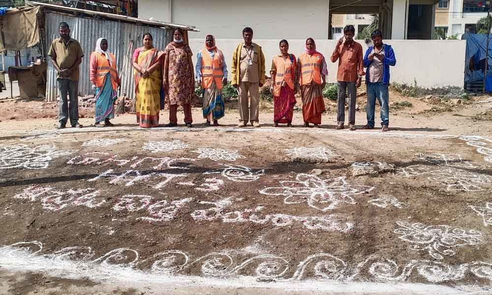 Rangolis drawn to deter littering at Nagole