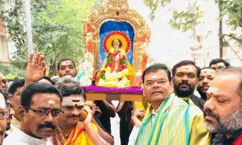 MLA Kaleru Venkatesh joins Ayyappa Palki Yatra at Bagh Amberpet