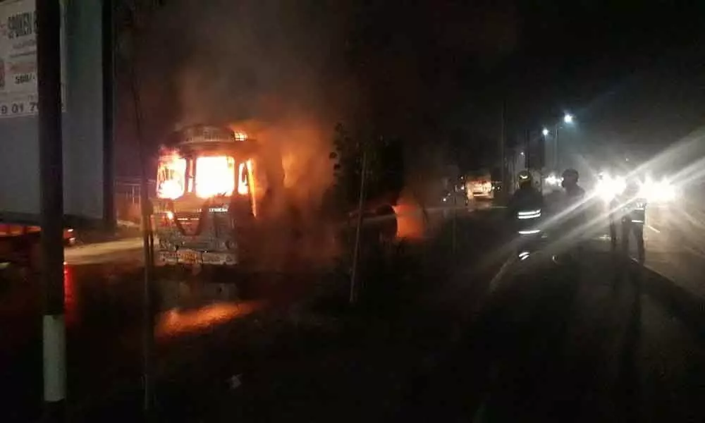 Hayatnagar: Lorry ploughs on to divider, catches fire