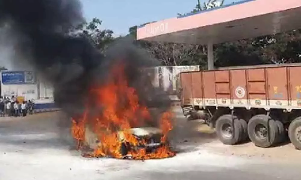 Hyderabad: Car catches fire near petrol bunk at LB Nagar
