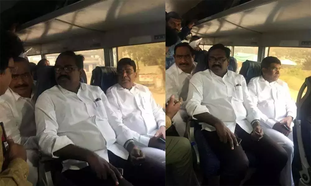 Minister Puvvada Ajay Kumar takes bus ride in Khammam