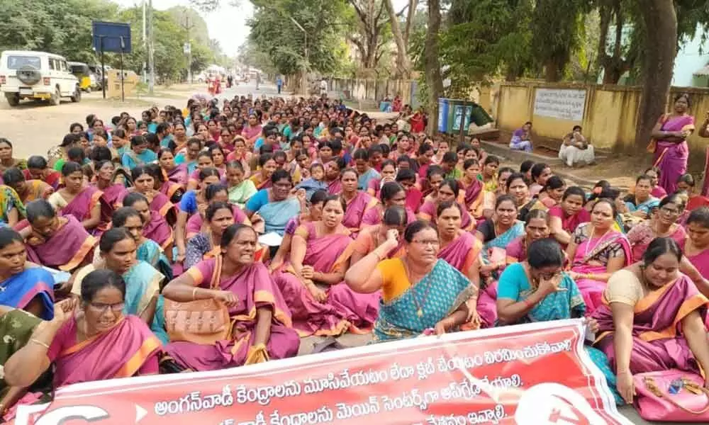 Kothagudem: Staff protest against closure of Anganwadi centres