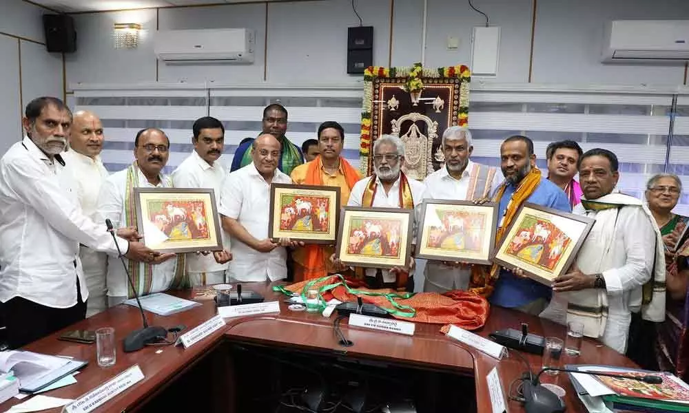 TTD chief Y V Subba Reddy releases Gomata painting photos in Tirumala