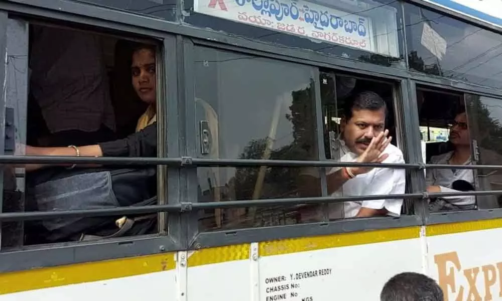 Nagarkurnool: MLA Beeram Harshavardhan Reddy travels in RTC bus, urges people to do the same for a safe journey