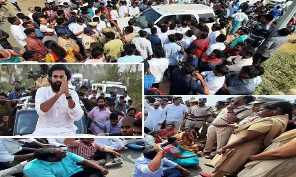 Tension grips at Jana Sena party office in Mangalagiri as the police obstructs Pawan Kalyan