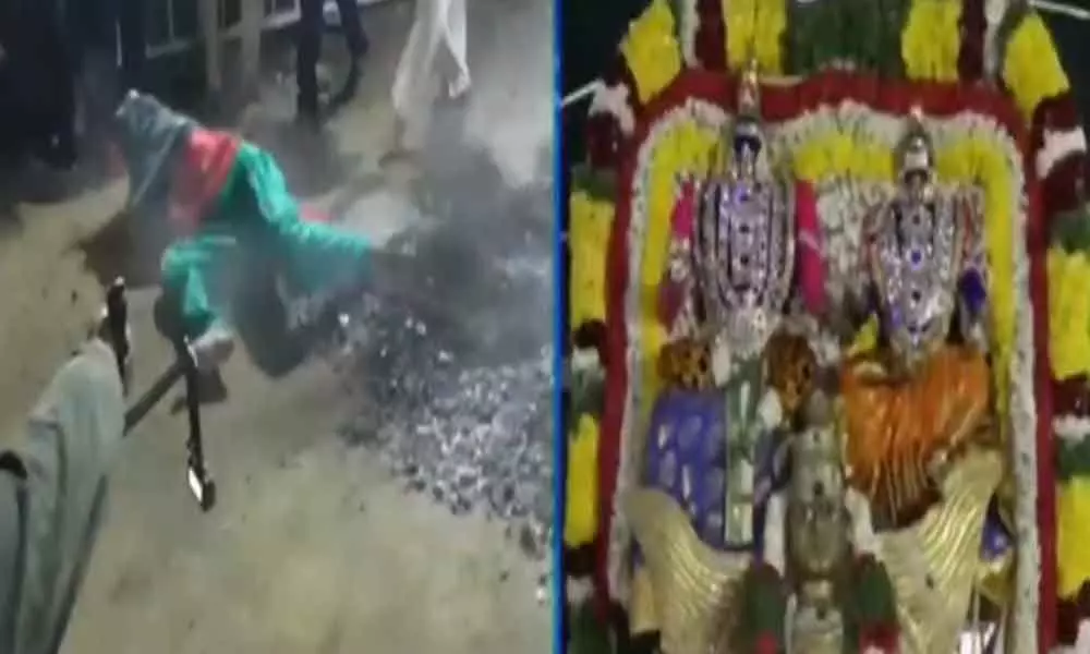 A woman devotee suffers burns during fire walk rituals in Nalgonda