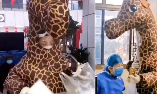 Viral Video: Chinese woman  wears an inflatable giraffe costume for protection amid coronavirus