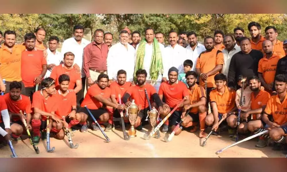 Hyderabad: Minister Ch Malla Reddy presents prizes  to hockey players