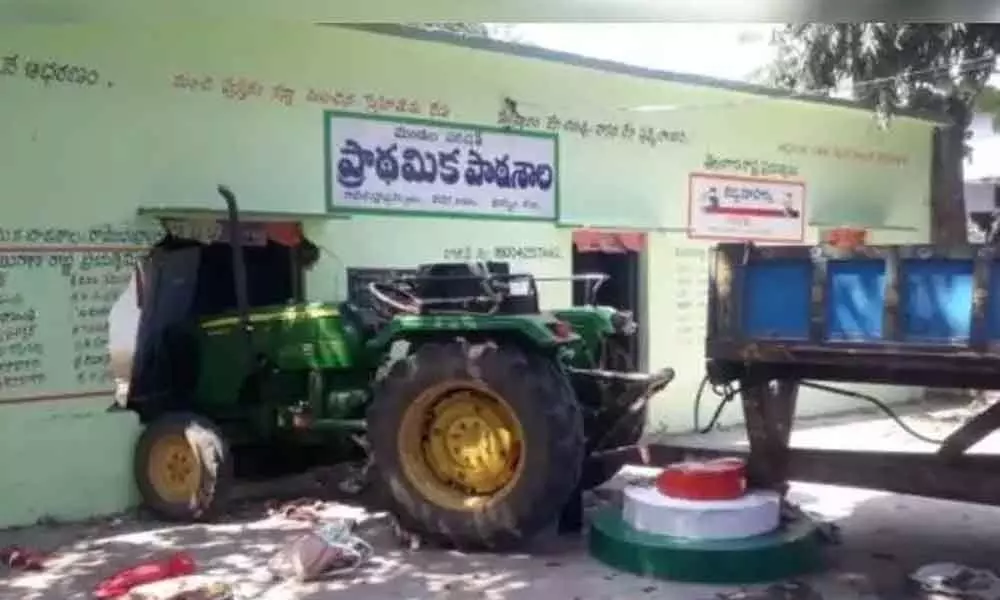 One woman died as tractor ramps into school building in Khammam