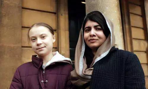 Greta Thunberg meets her role model Malala Yousafzai at Oxford university