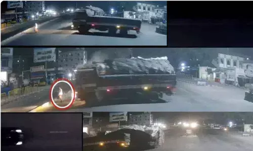 On cam: Narrow escape for a man after two lorries collide head-on at Sangareddy