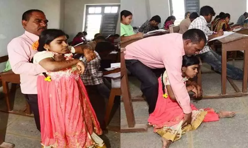 Father accompanies physically-disabled daughter to exam hall in Adilabad