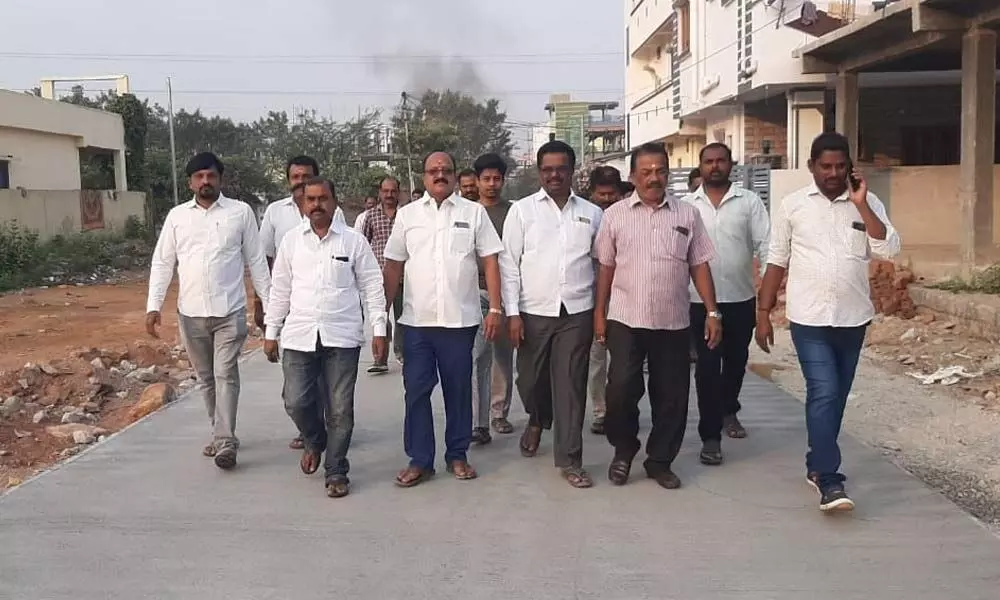 Hyderabad: Corporator Pannala Devender Reddy inspected CC road works at Mallapur
