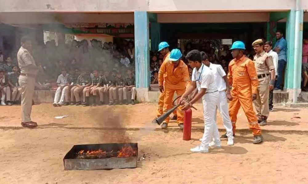 Kakinada: Fire and Evacuation Drill held at Ravindra Bharati School