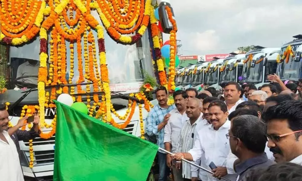 Minister Pinipe Vishwaroop flags off 10 new Indra AC bus services in Amalapuram