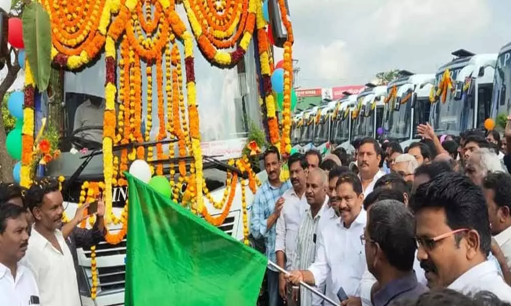 Amalapuram: Minister Vishwaroop flags off 10 new Indra AC bus services