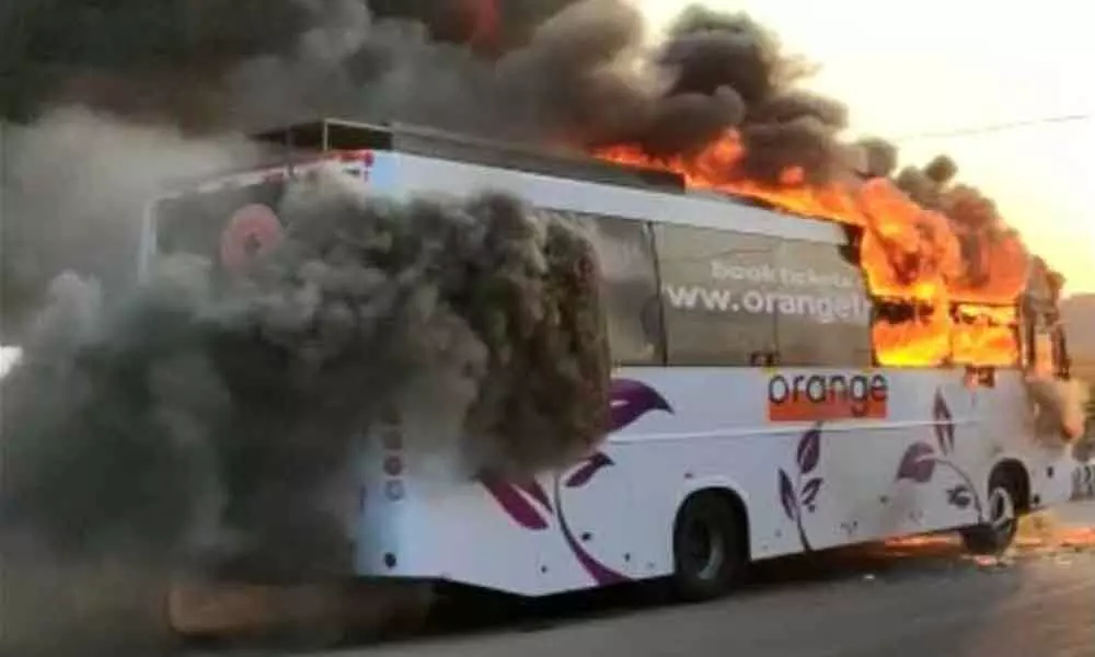 Narrow escape for passengers after private bus catches fire in Hyderabad