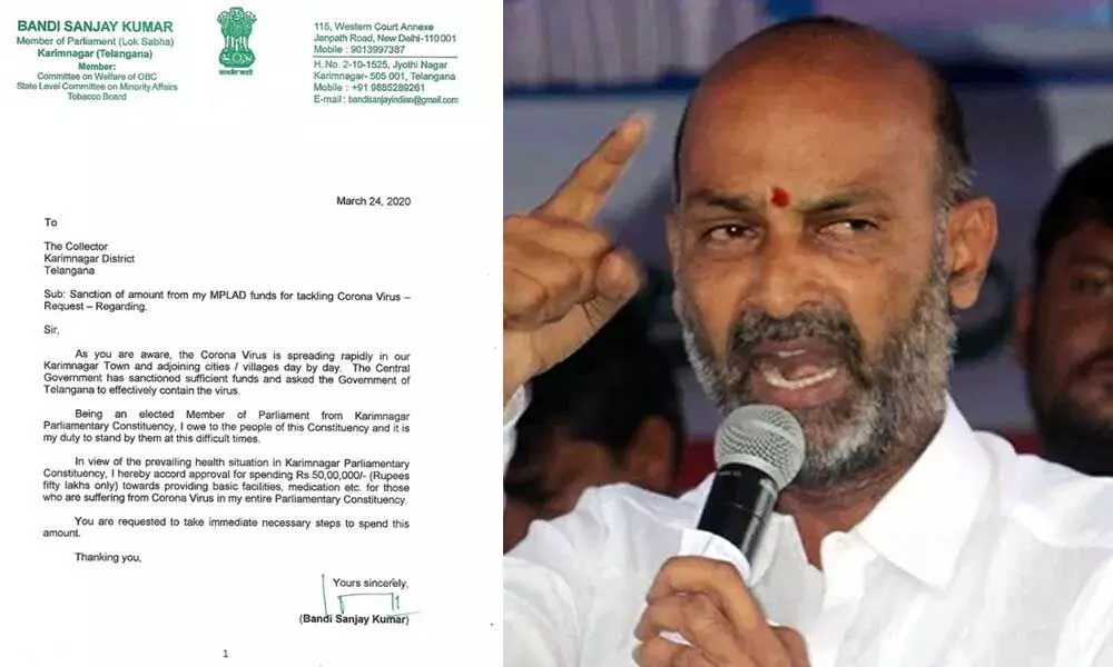 Bandi Sanjay writes to CM KCR supporting lockdown due to COVID19, donates Rs 50 lakh