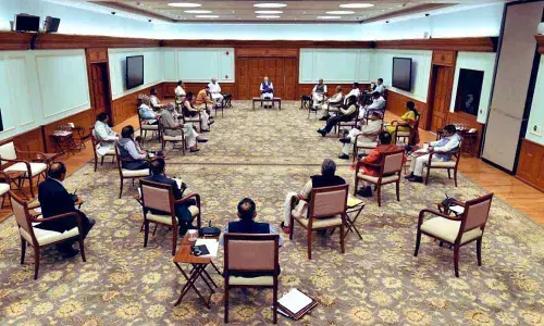 PM Modi follows social distancing norms during cabinet meet