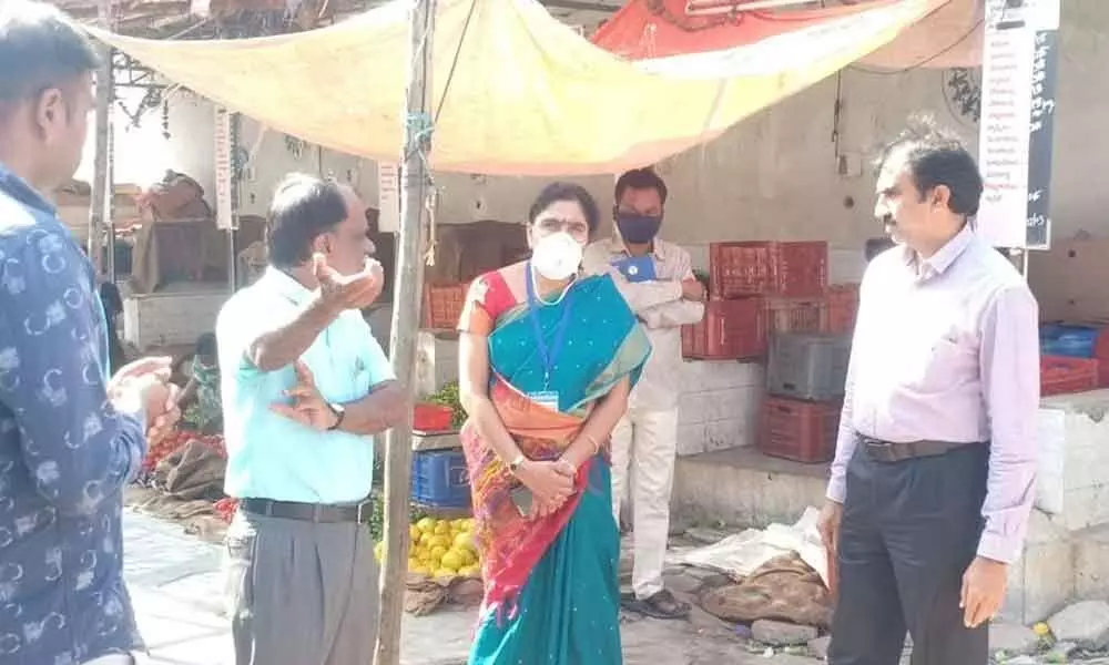 Hyderabad: DC Vasam Venkateshwarulu checks preventive steps at Rythu Bazar in Malkajgiri