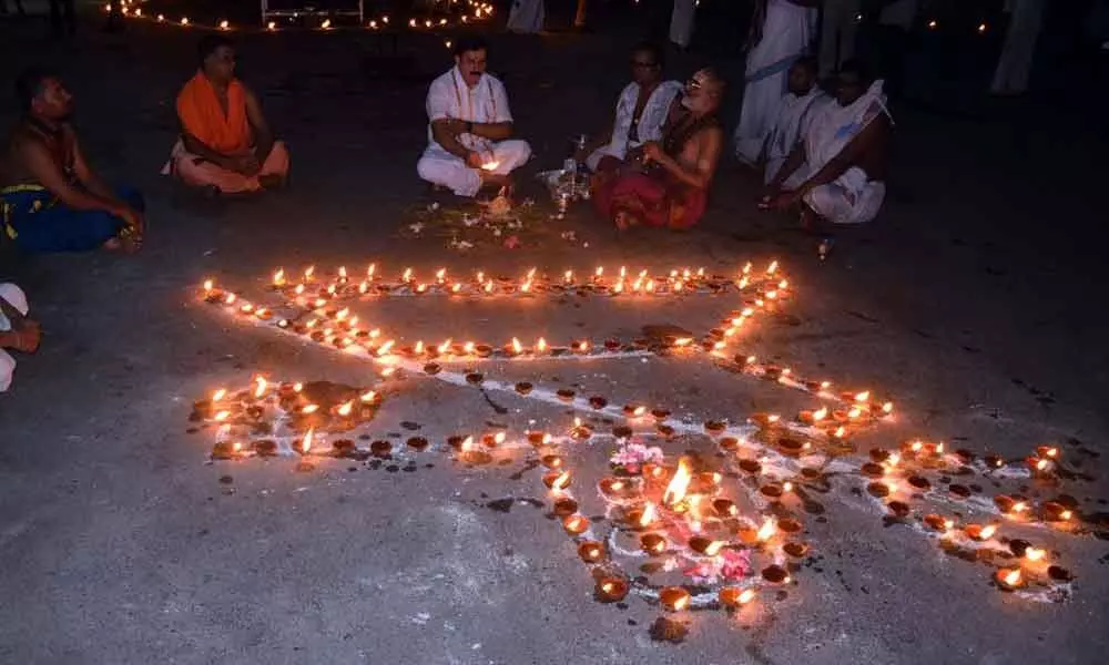 Kurnool: Diyas lit in Srisailam temple to ward off Covid-19
