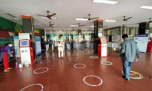 Visakhapatnam: Social distancing circles drawn at booking counters