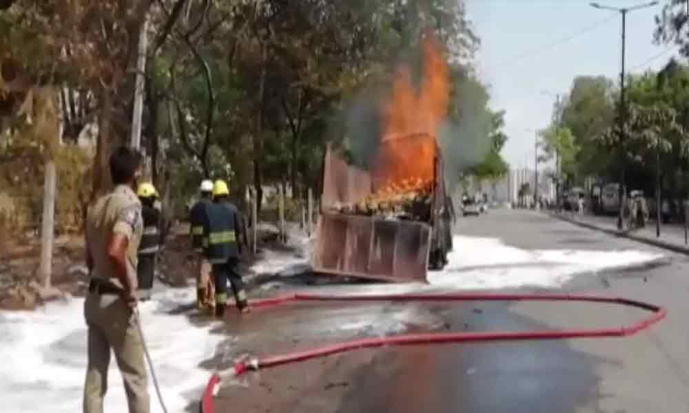 Lorry carrying 5,000 litres of sanitizer catches fire in Hyderabad