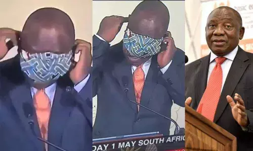 South African President struggles to put on face mask