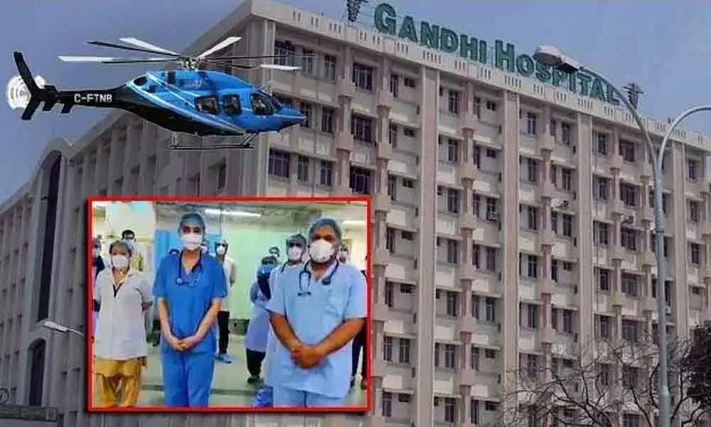 Hyderabad: IAF showers flowers on Gandhi Hospital staff, police